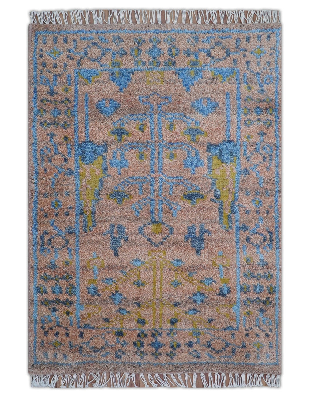 Tree of life Peach And Blue Hand Knotted 2x3 Wool Rug