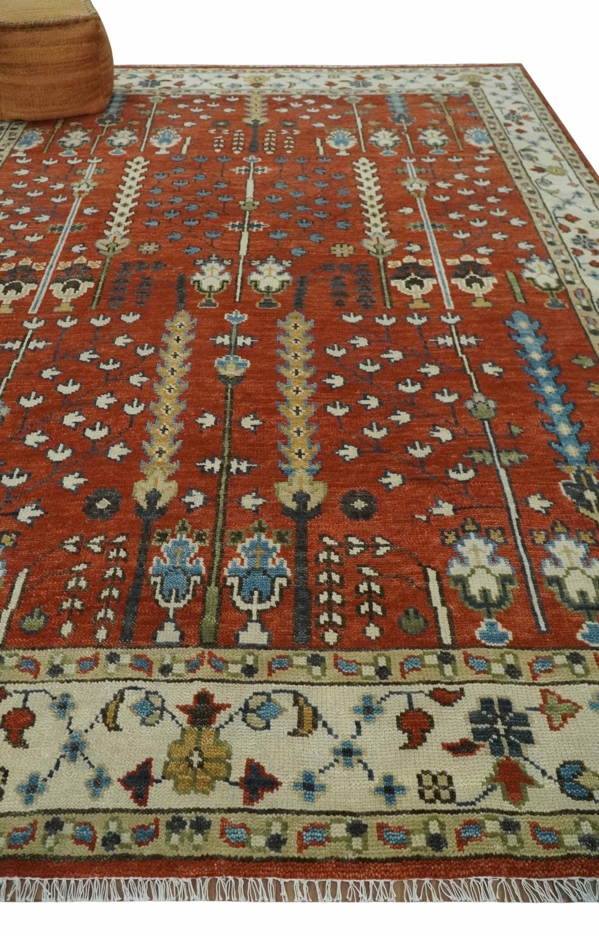 Tree Rug Hand Knotted Rust and Ivory 9x12 Traditional Turkish Design Wool Area Rug
