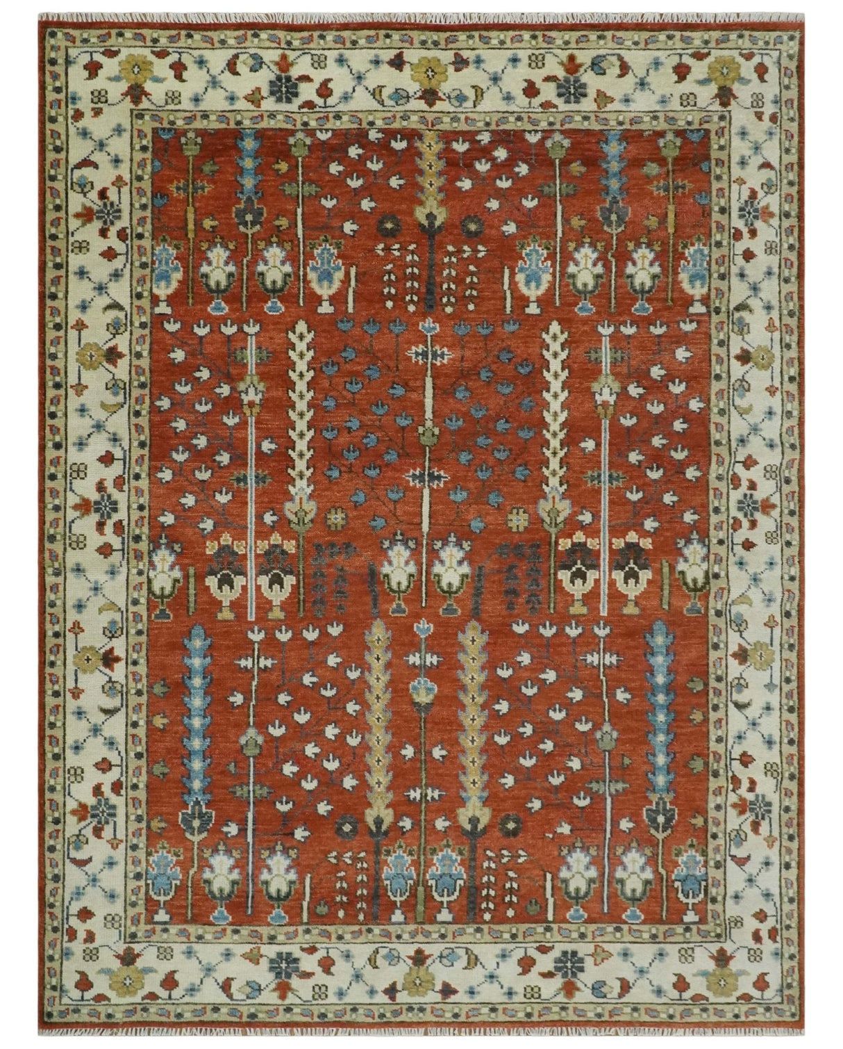 Tree Rug Hand Knotted Rust and Ivory 9x12 Traditional Turkish Design Wool Area Rug