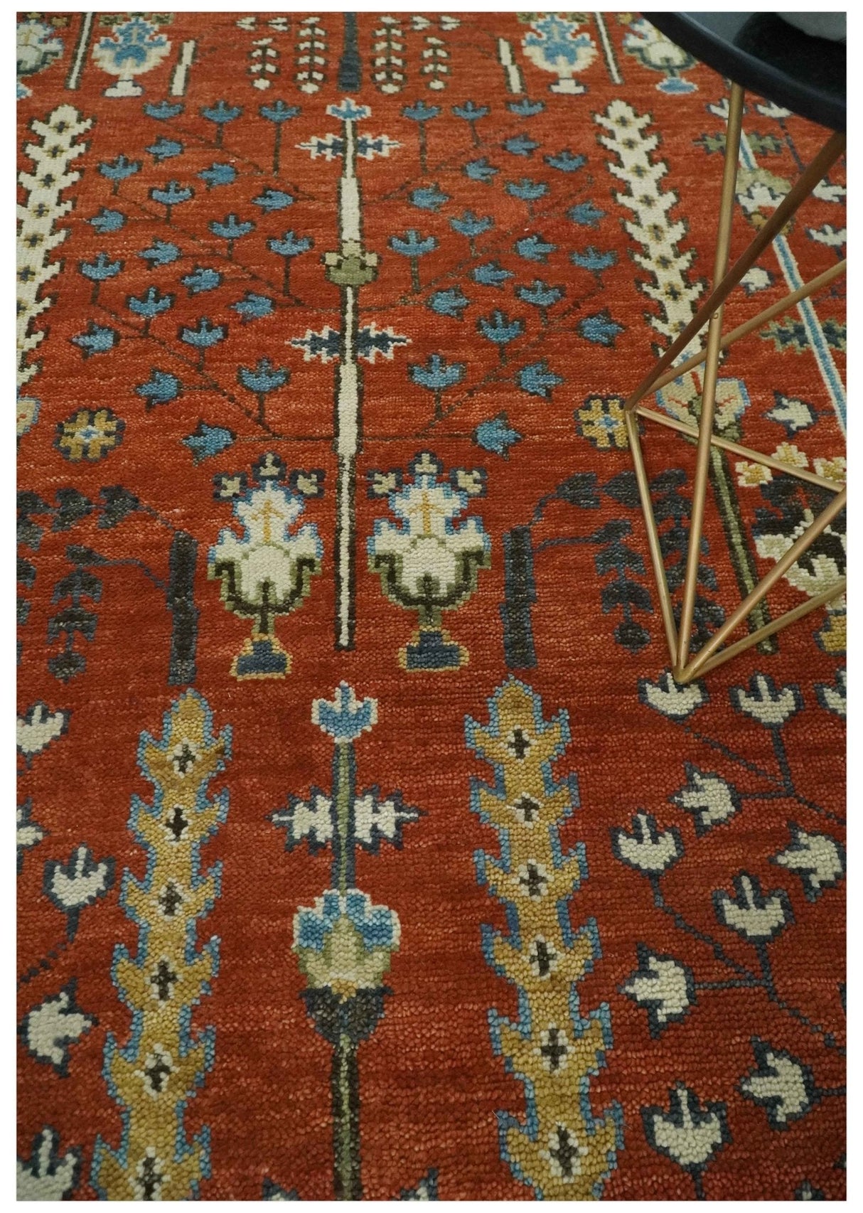 Tree Rug Hand Knotted Rust and Ivory 9x12 Traditional Turkish Design Wool Area Rug