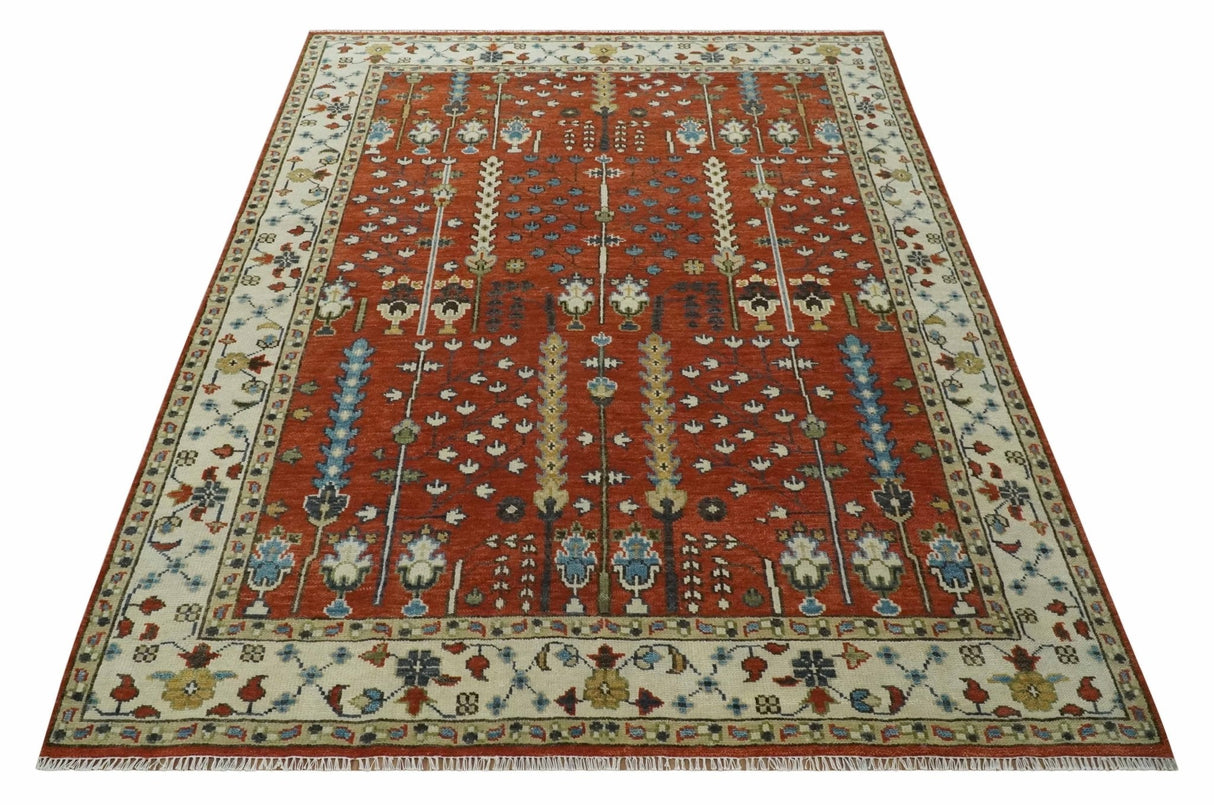 Tree Rug Hand Knotted Rust and Ivory 9x12 Traditional Turkish Design Wool Area Rug