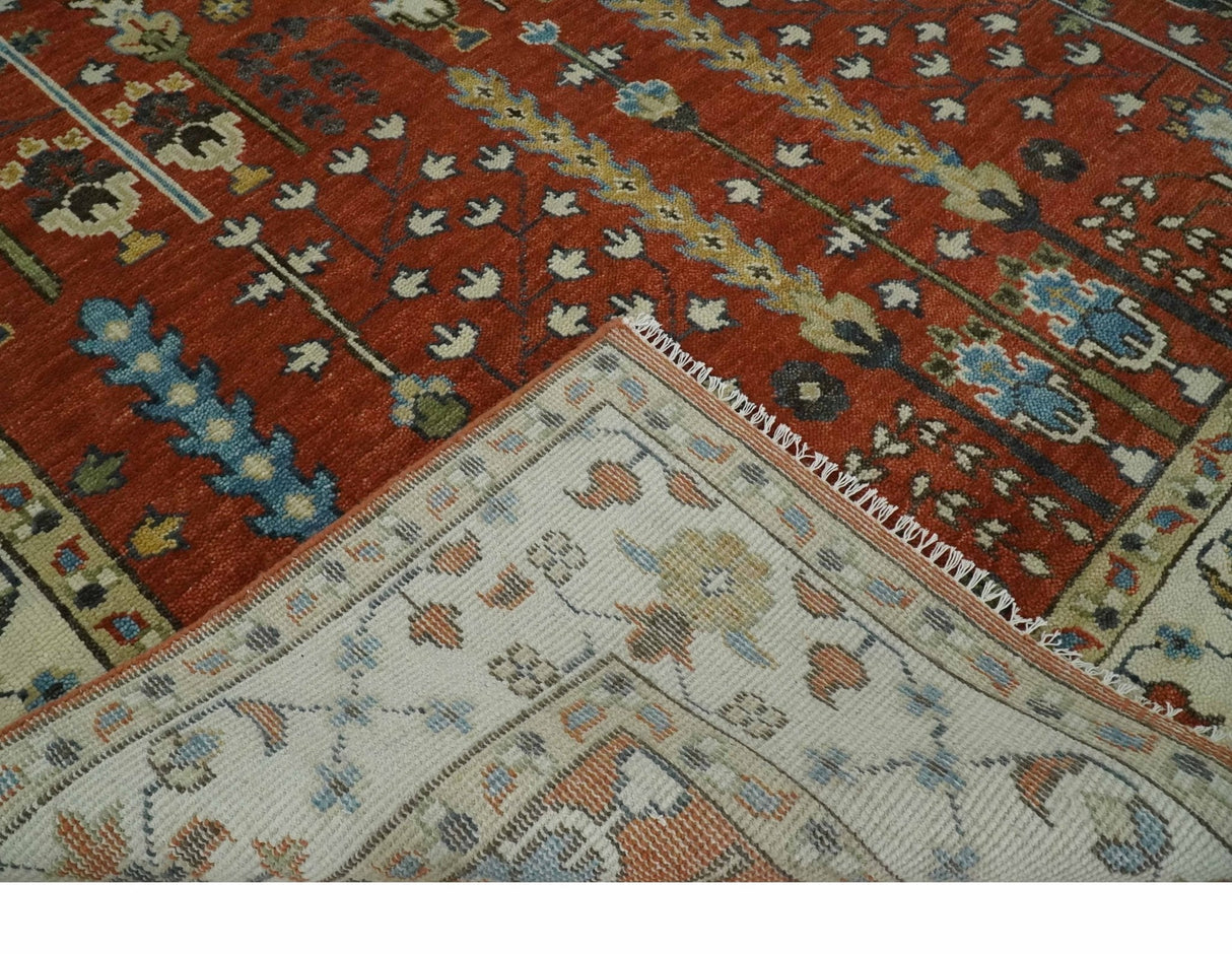 Tree Rug Hand Knotted Rust and Ivory 9x12 Traditional Turkish Design Wool Area Rug