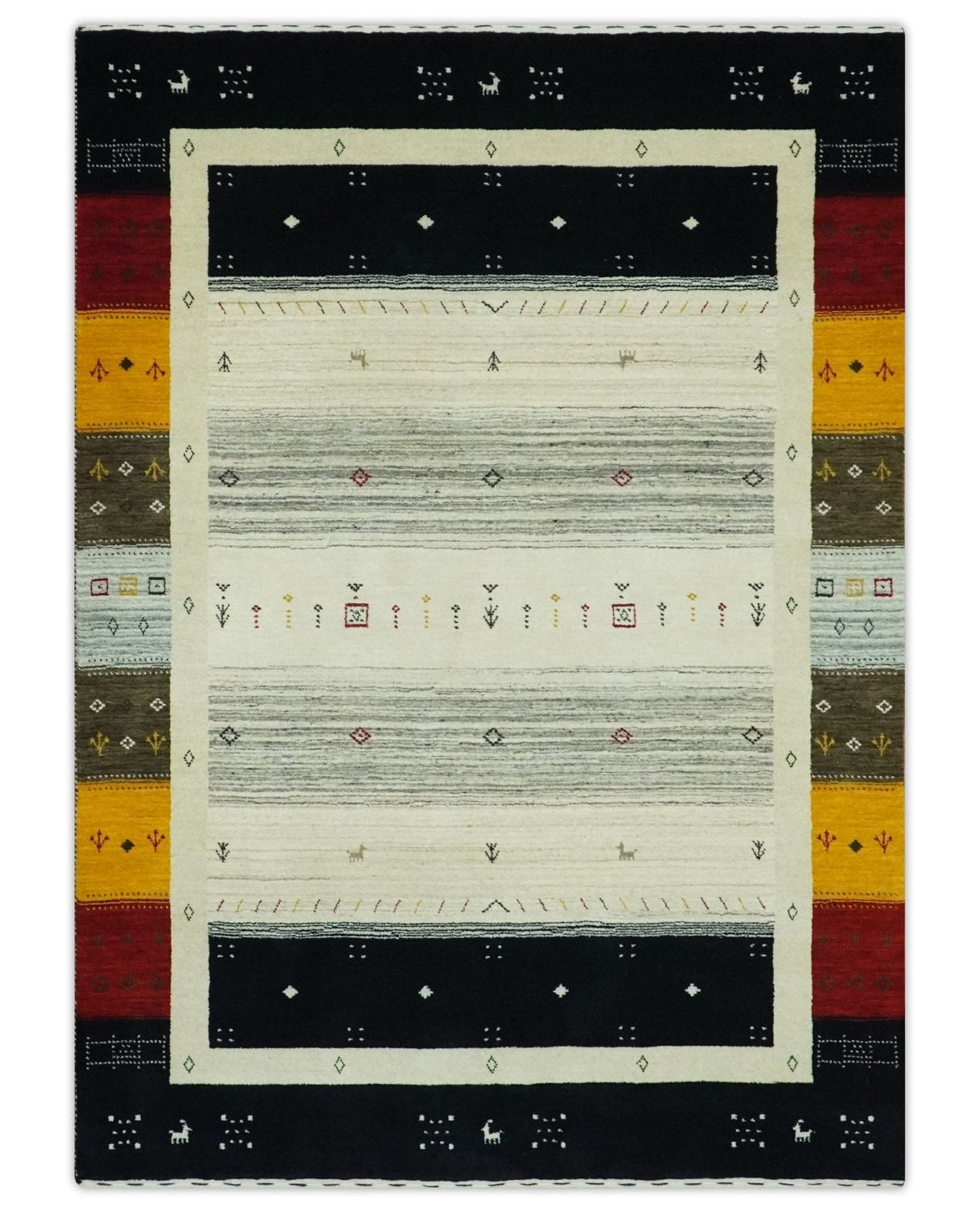 Tribal Gabbeh Ivory, Black, Gold and Maroon Stripes design Traditional Hand loom 4.6x7 Wool Area Rug