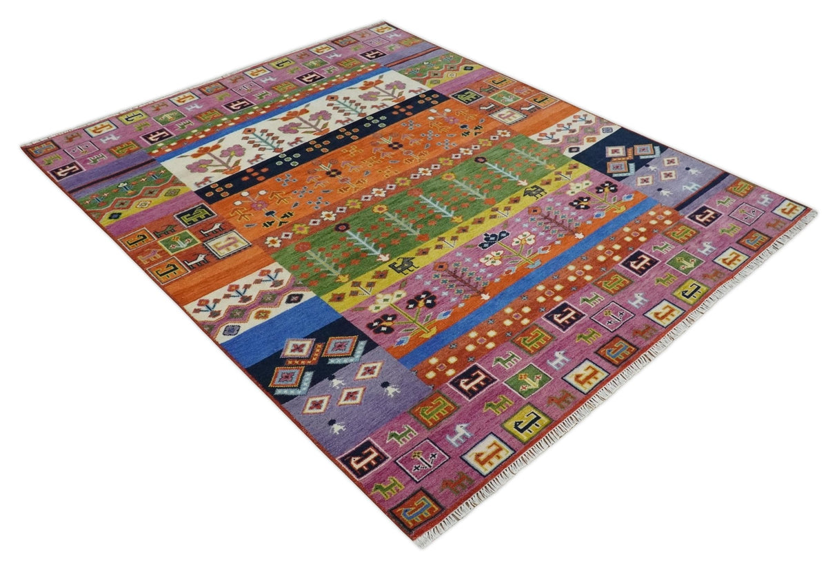 Tribal Gabbeh Rust, Ivory, Green and Pink Hand knotted 8x10 Antique Look Traditional Wool Area Rug