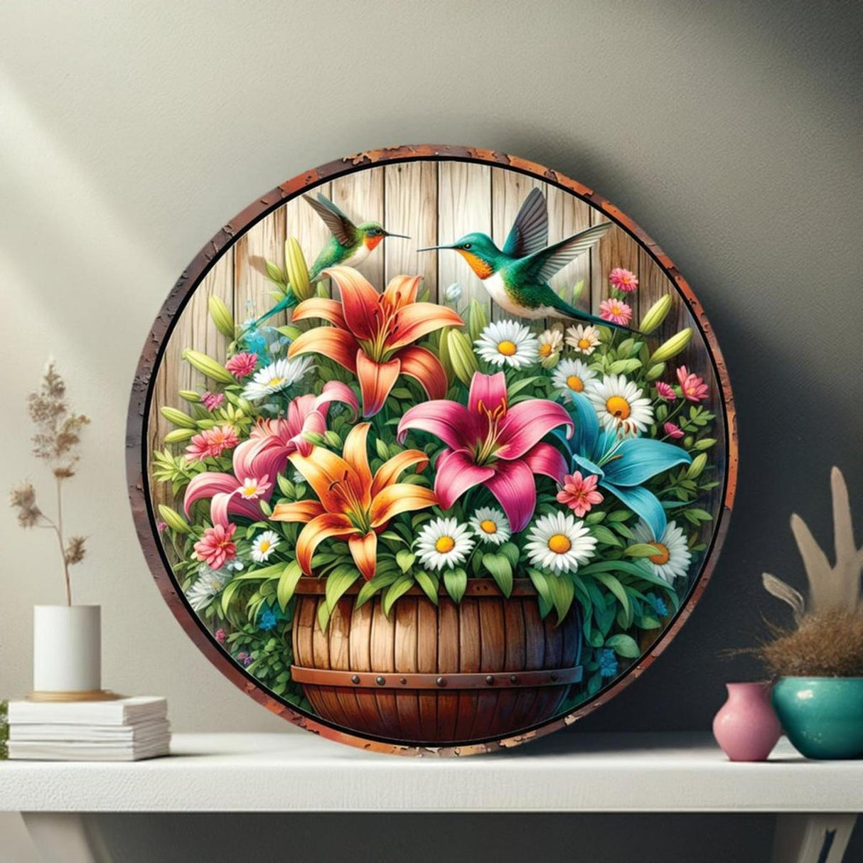 Tropical Floral Hummingbird Round Sign