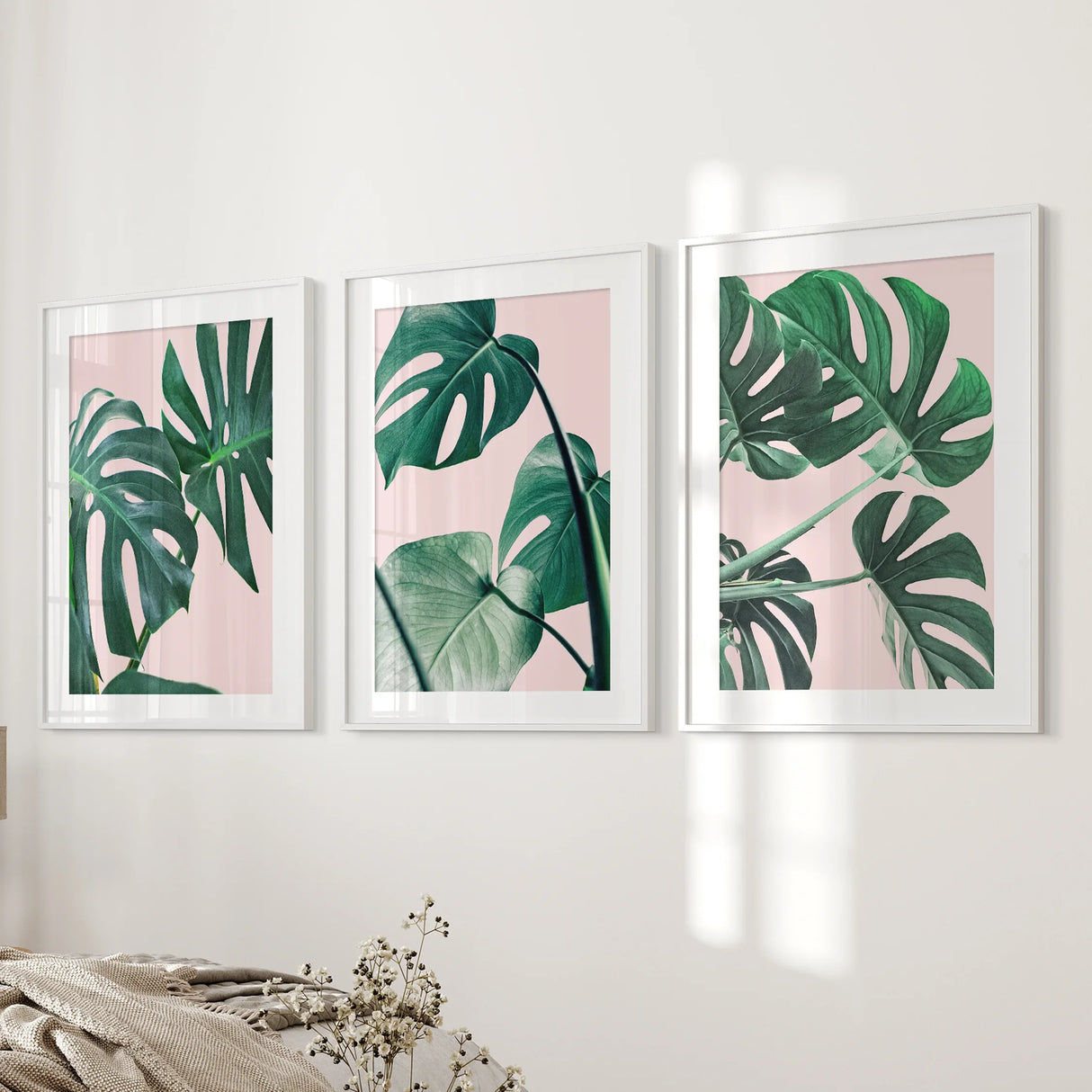 Pink Botanical 3 Piece Wall Art. Green Monstera Leaves Print