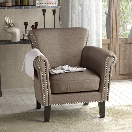 Upholstered-Club-Chair-with-Curved-Design,-Nailhead-Trim-and-Rolled-Armrests-Accent-Chairs
