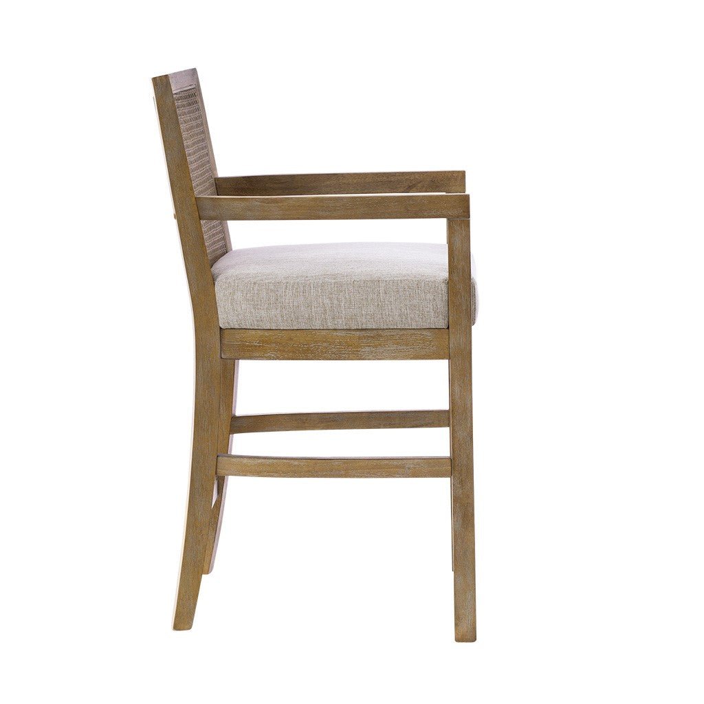 Upholstered Counter Stool with Cane Back and Open Arm Design - Counter Stools