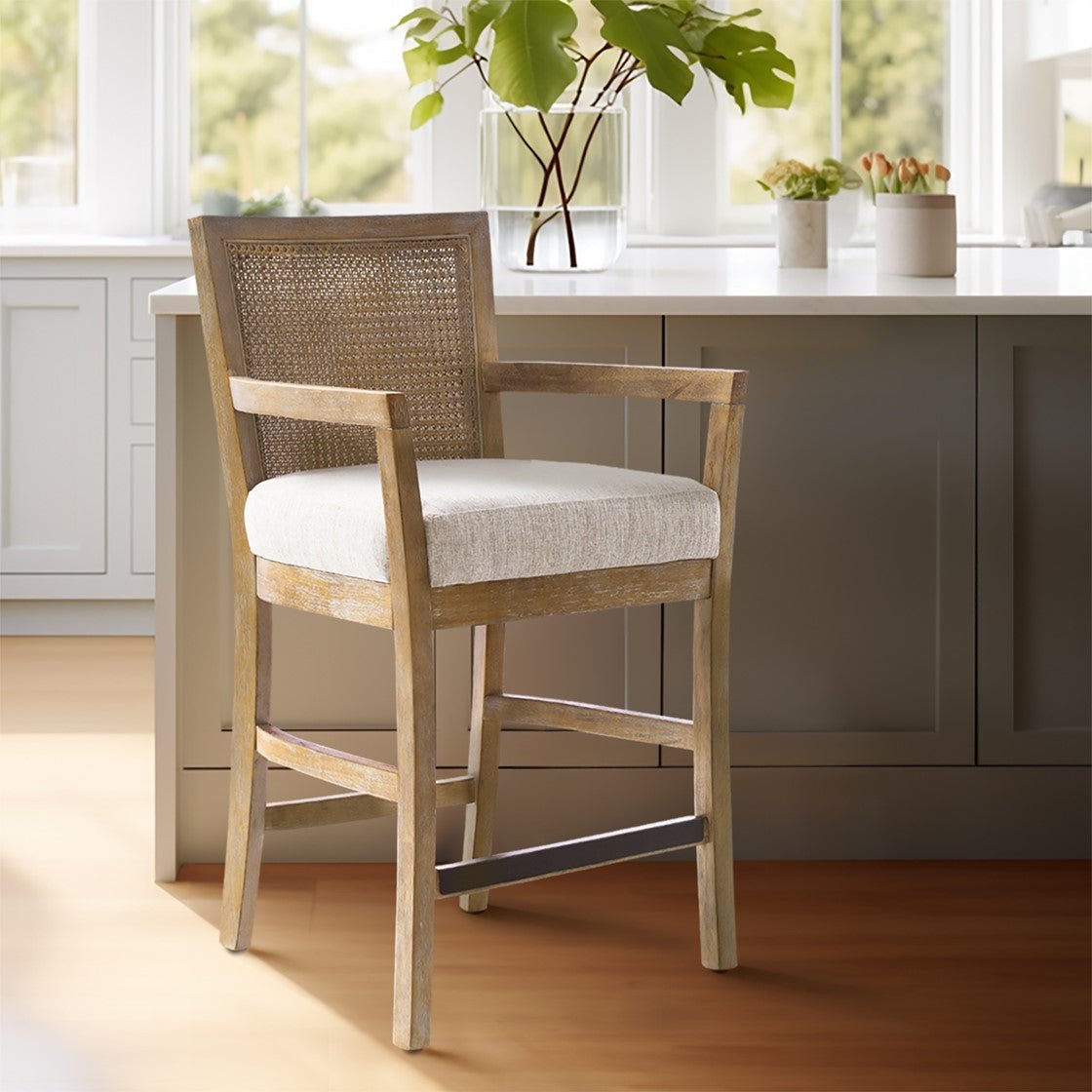 Upholstered Counter Stool with Cane Back and Open Arm Design - Counter Stools