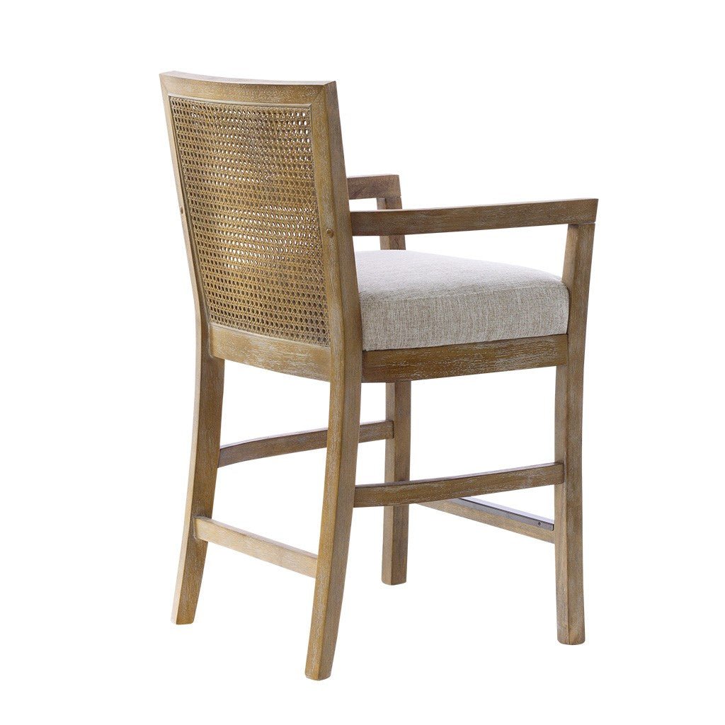 Upholstered Counter Stool with Cane Back and Open Arm Design - Counter Stools