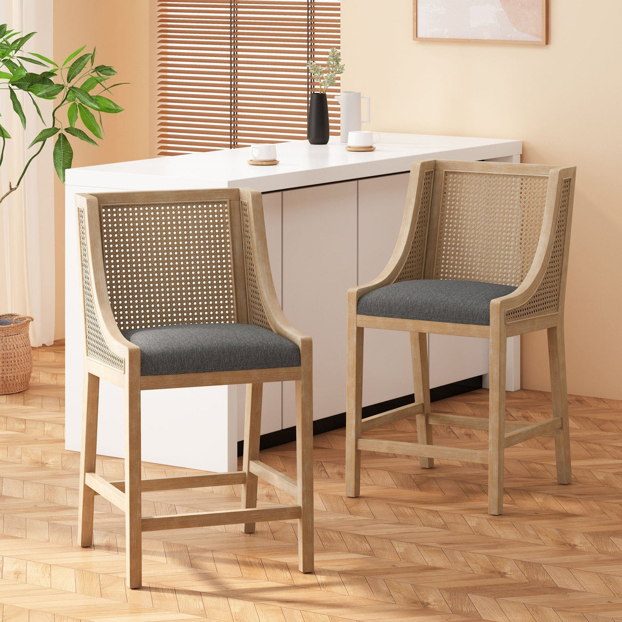 Upholstered Counter Stool with Cane Webbing Backrest, Set of 2 - Counter Stools