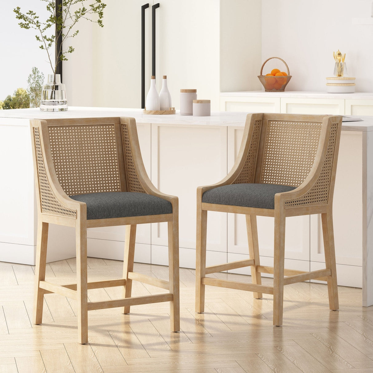 Upholstered Counter Stool with Cane Webbing Backrest, Set of 2 - Counter Stools