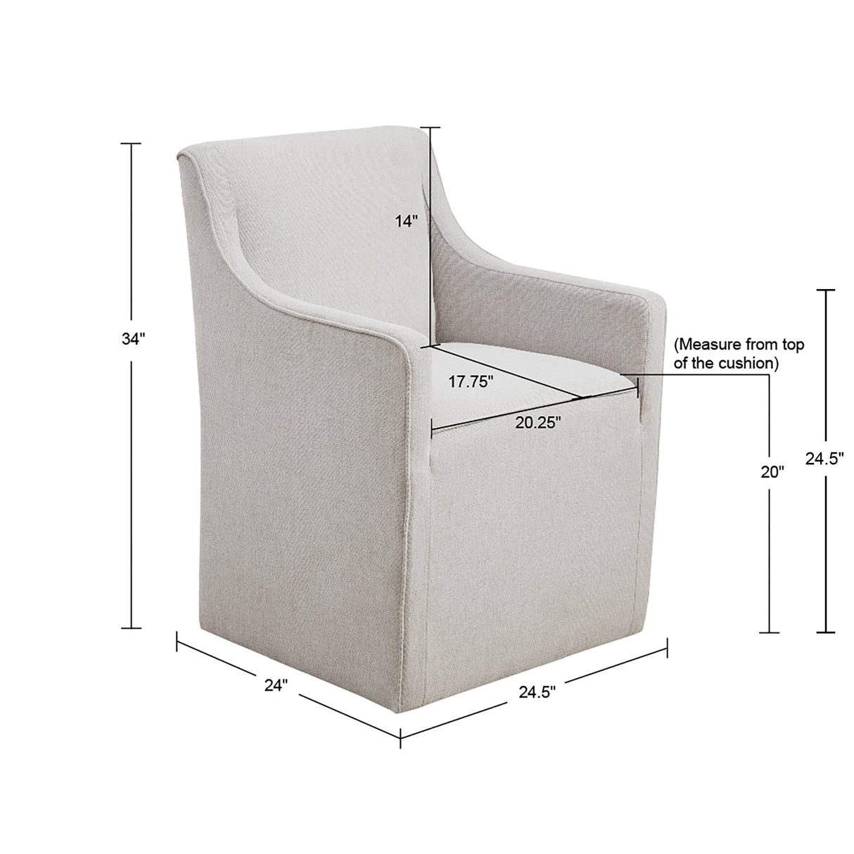 Upholstered Dining Chair with Casters, Padded Back, Seat and Arms - Dining Chairs