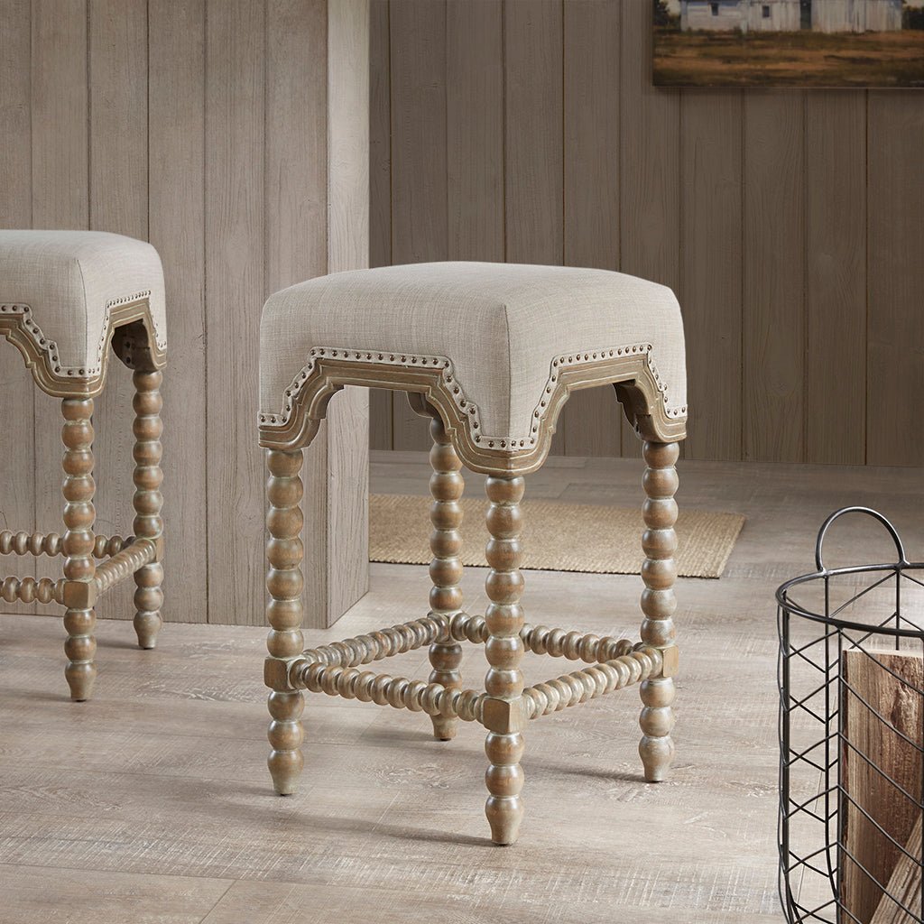 Upholstered Square Counter Stool with Nailhead Trim, Turned Legs and Footrest - Counter Stools