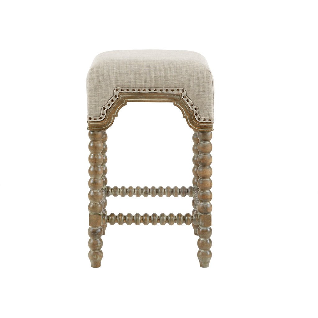 Upholstered Square Counter Stool with Nailhead Trim, Turned Legs and Footrest - Counter Stools