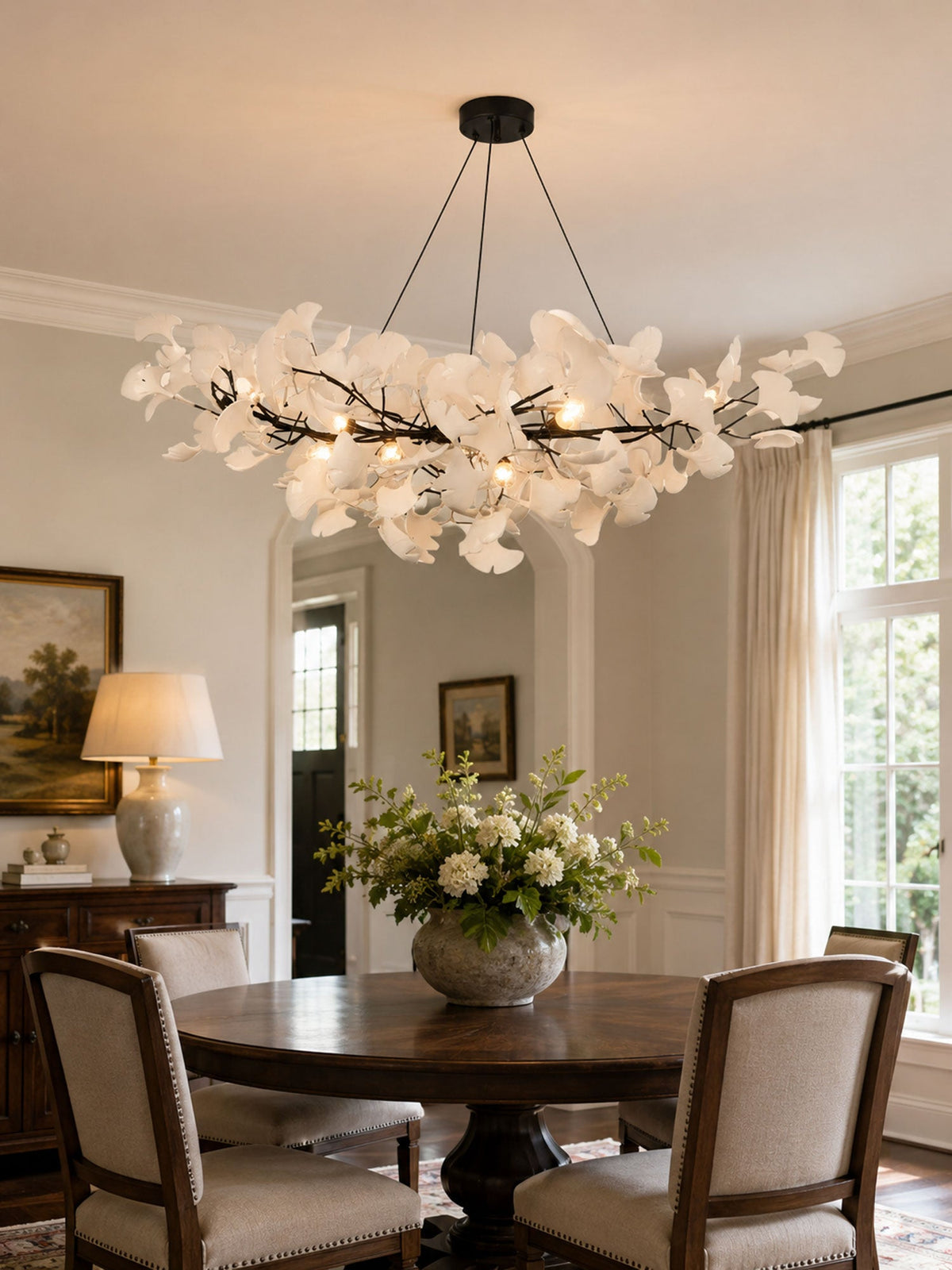 Porcelain Ginkgo Leaf Linear Chandelier with Flexible Branches | Dining Table Light