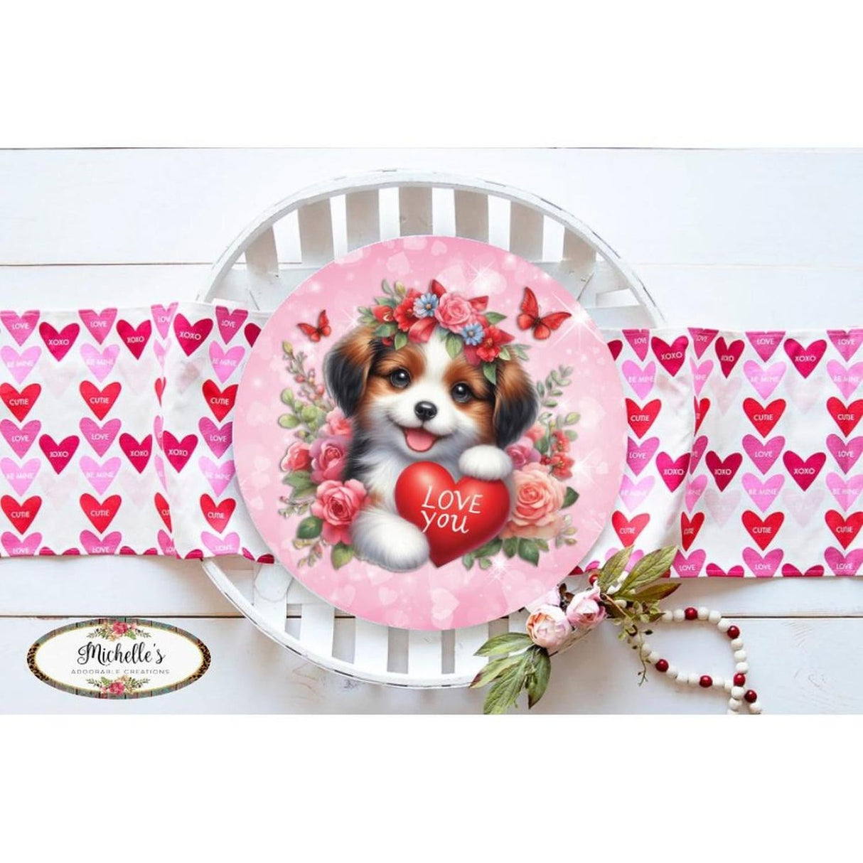 Valentine Love You Puppy One Round Sign - Wreath Enhancement