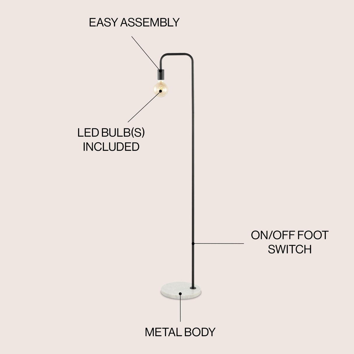 Vega minimalist edison metal/marble led floor lamp - Tuesday Morning - Floor Lamps