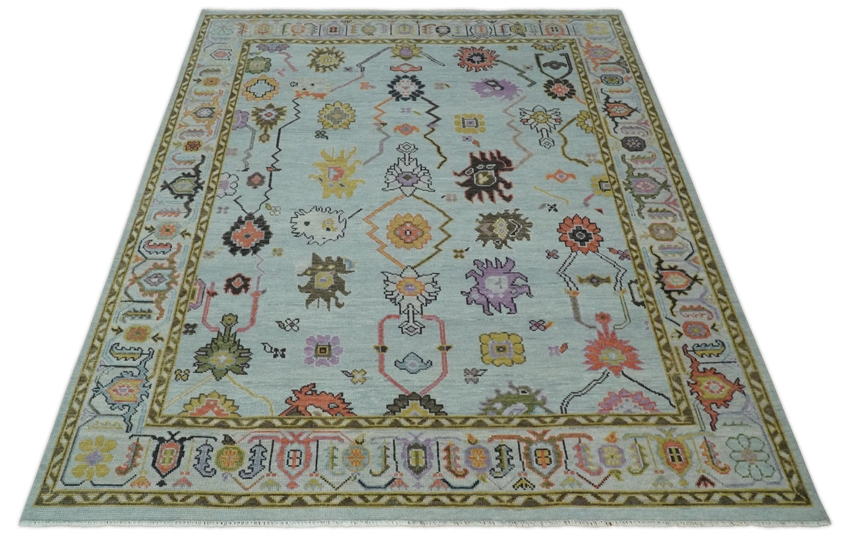 Vibrant Colorful Aqua and Green Hand knotted Traditional Oushak 8x10 wool area Rug