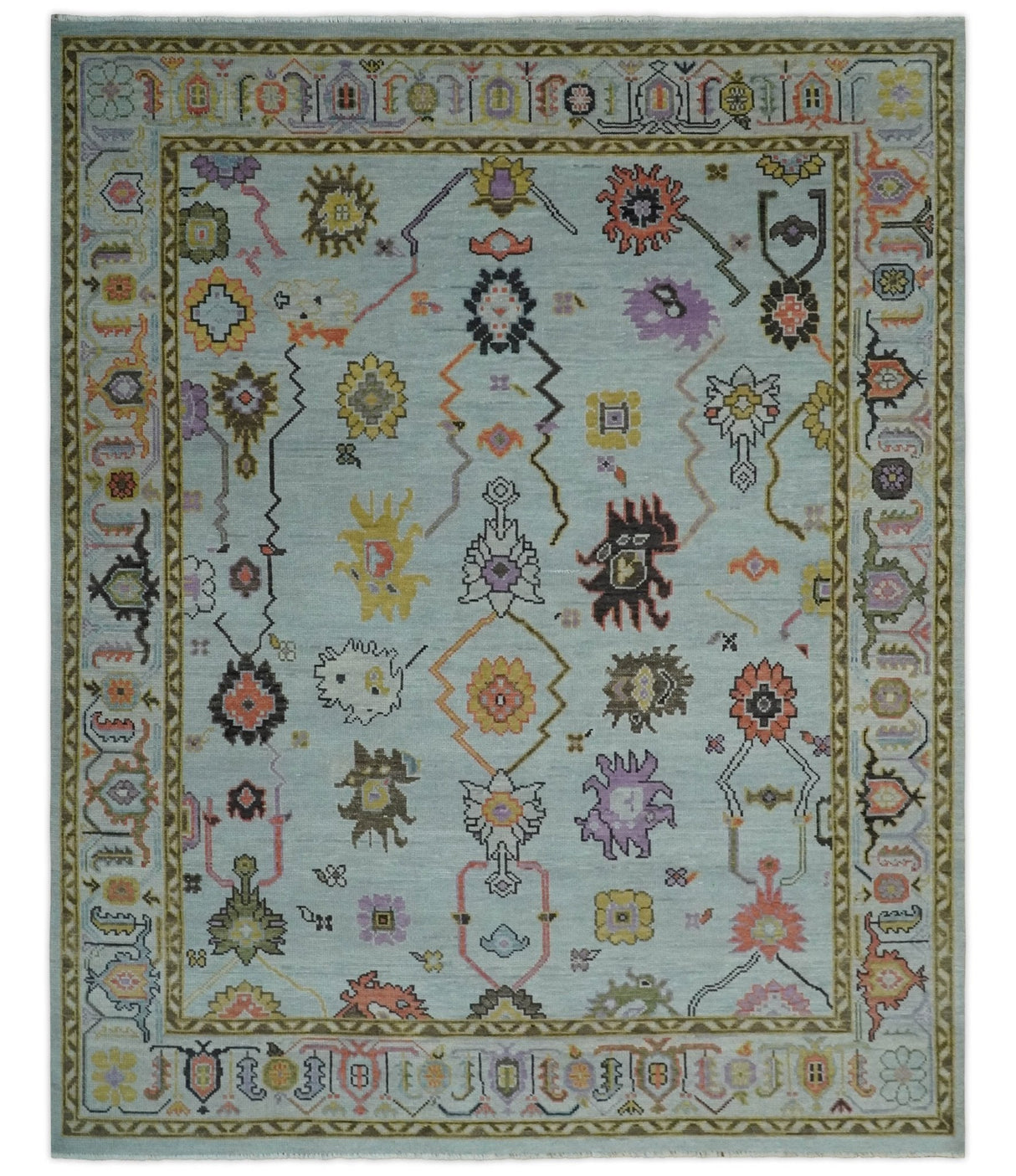 Vibrant Colorful Aqua and Green Hand knotted Traditional Oushak 8x10 wool area Rug