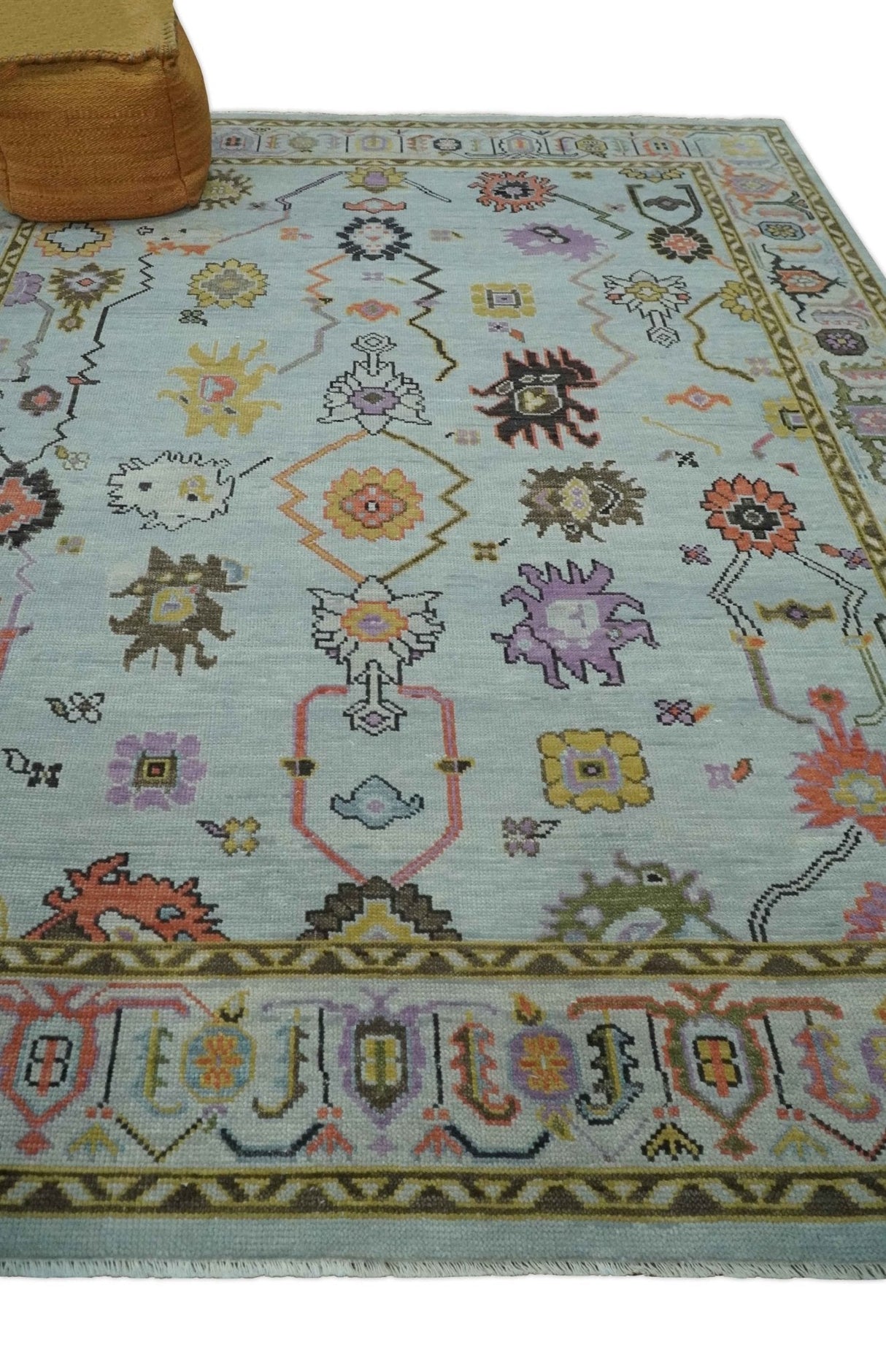 Vibrant Colorful Aqua and Green Hand knotted Traditional Oushak 8x10 wool area Rug