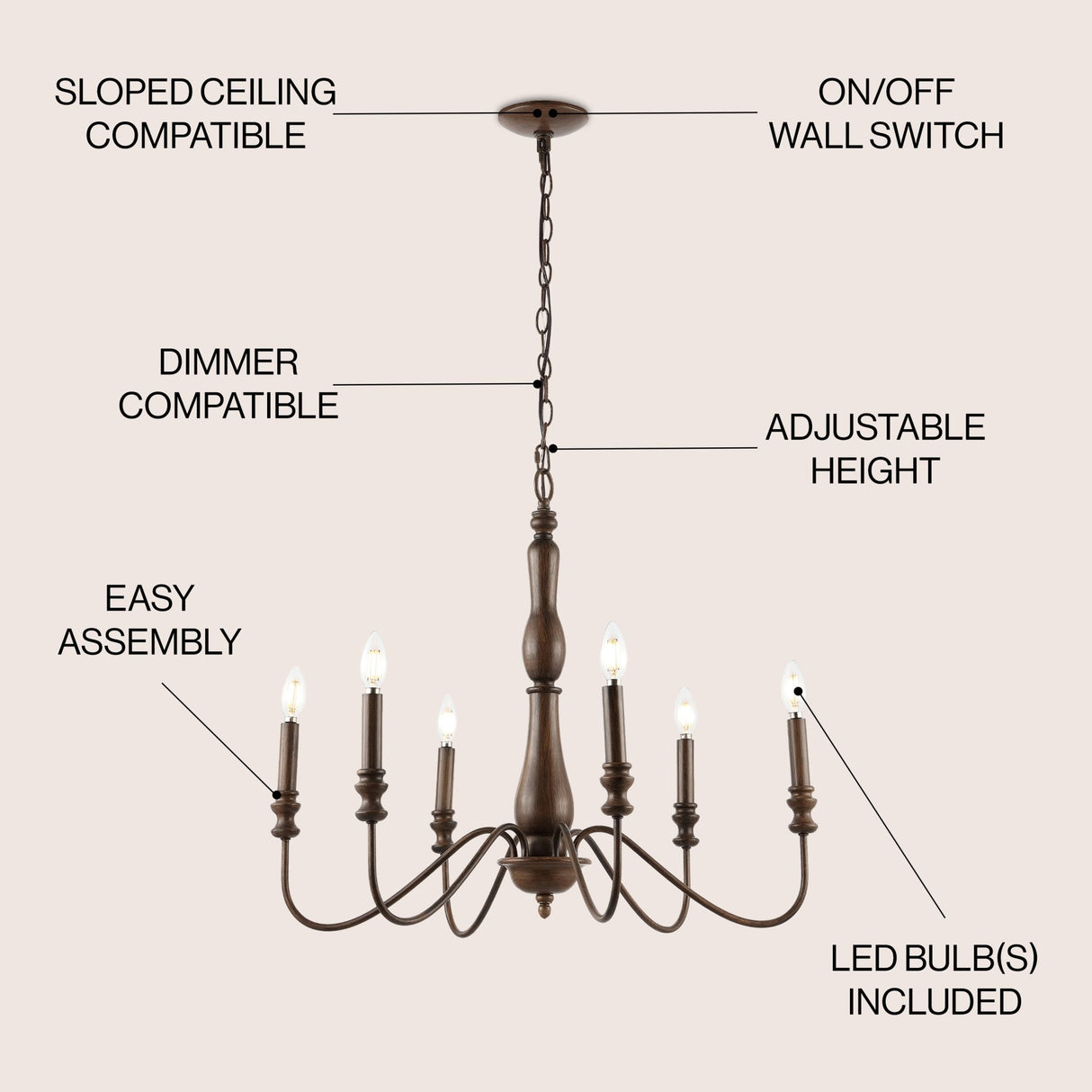 Victoria 6 - light rustic midcentury iron led chandelier - Tuesday Morning - Chandeliers