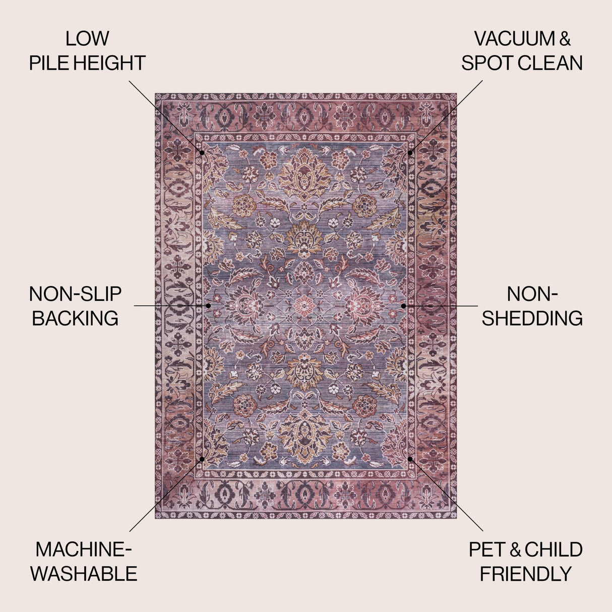 Victoria Ornate Persian All - Over Machine - Washable Area Rug - Tuesday Morning - Area Rugs