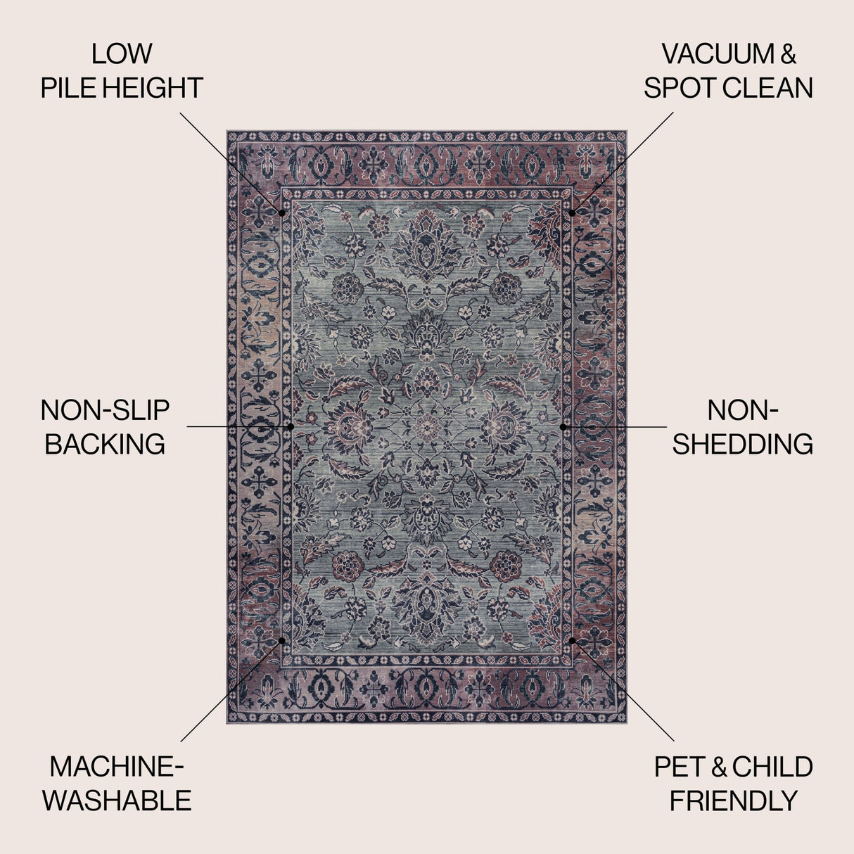 Victoria Ornate Persian All - Over Machine - Washable Area Rug - Tuesday Morning - Area Rugs