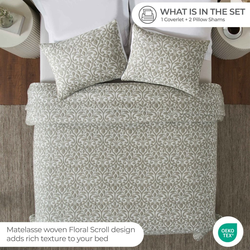 Vineyard Cotton Blend Medium Weight Matelasse Floral Scroll Coverlet - Coverlet by Superior Brand