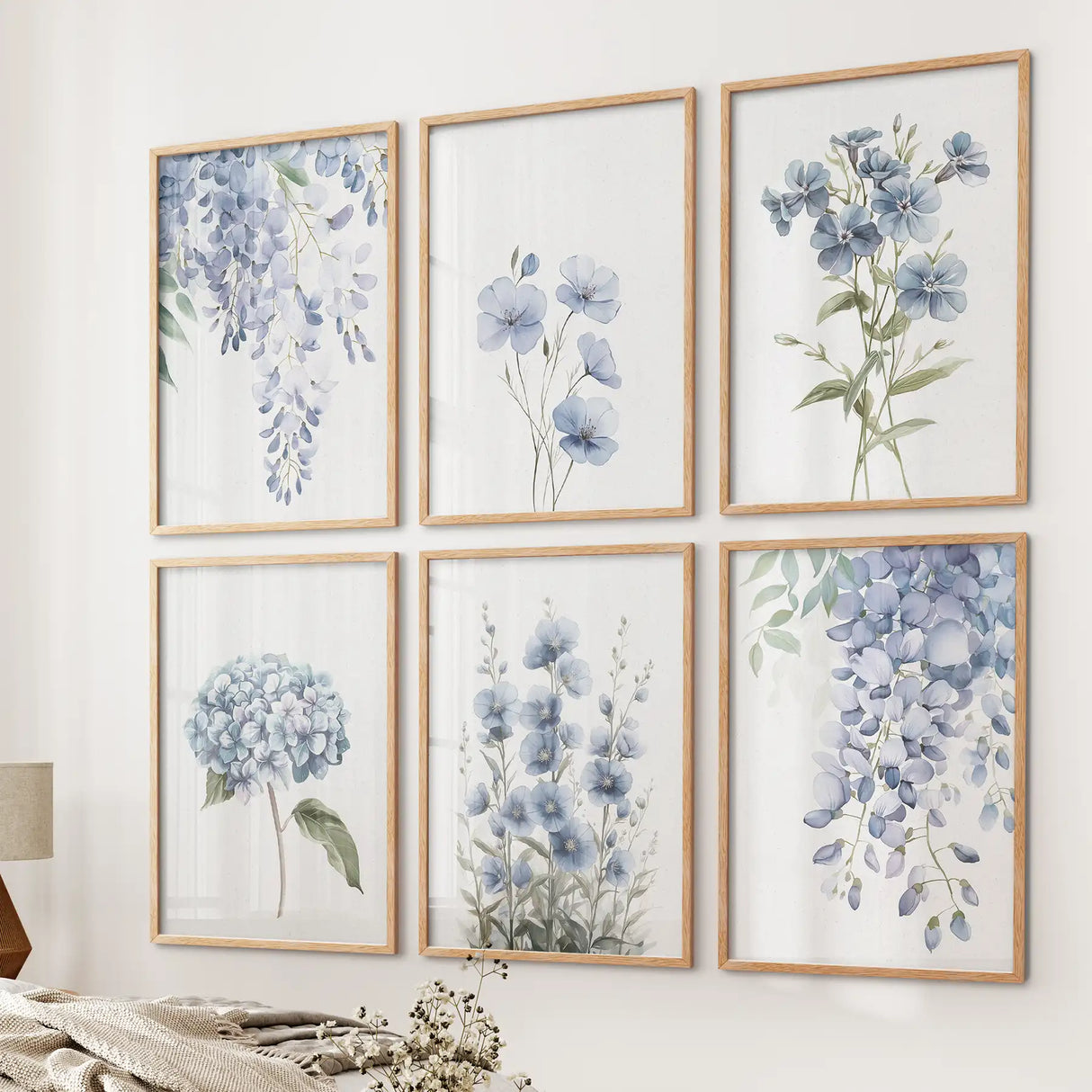 Wisteria, Flax, and Hydrangea Watercolor Art. 6 Piece Décor