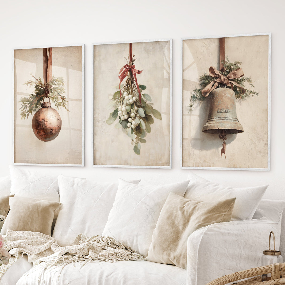 Rustic Holiday Set of 3 Prints: Vintage Christmas Bell Art