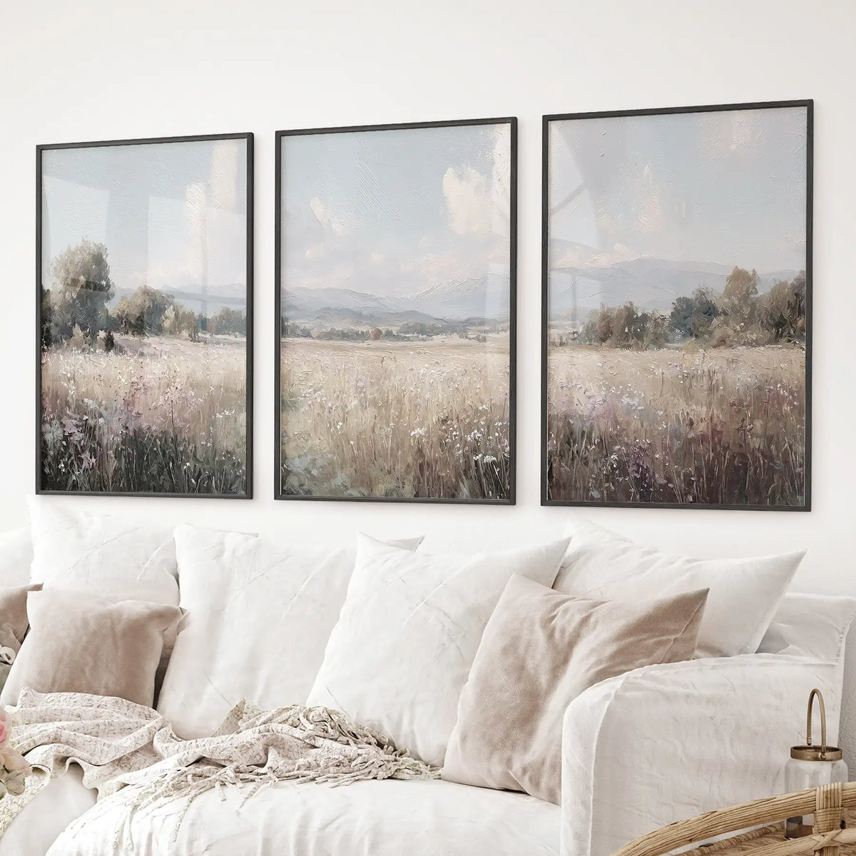 Pastel Meadow Landscape. Set of 3 Wildflower Prints
