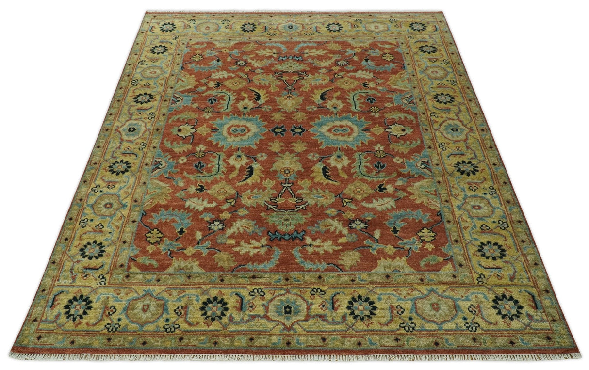 Vintage Style 8x10 Traditional Floral Rust and Olive Oriental Oushak wool area rug