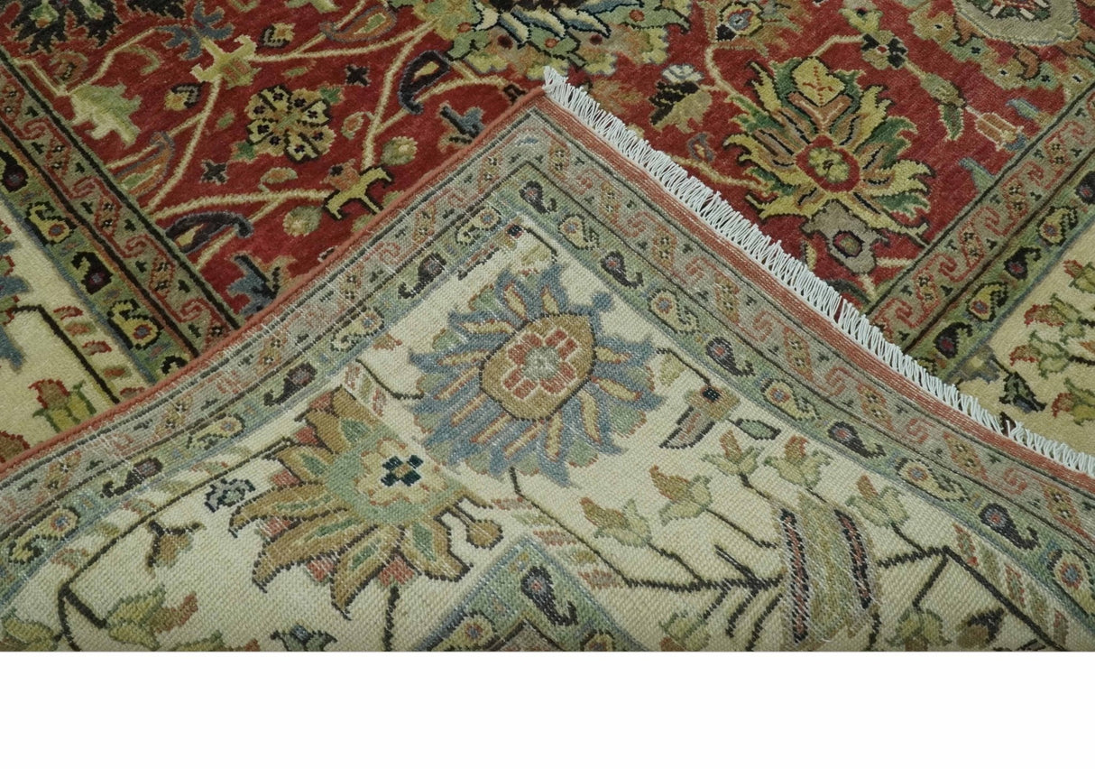 Vintage Style 9x12 Fine Hand Knotted Rust, Olive and Beige Traditional Serapi wool rug