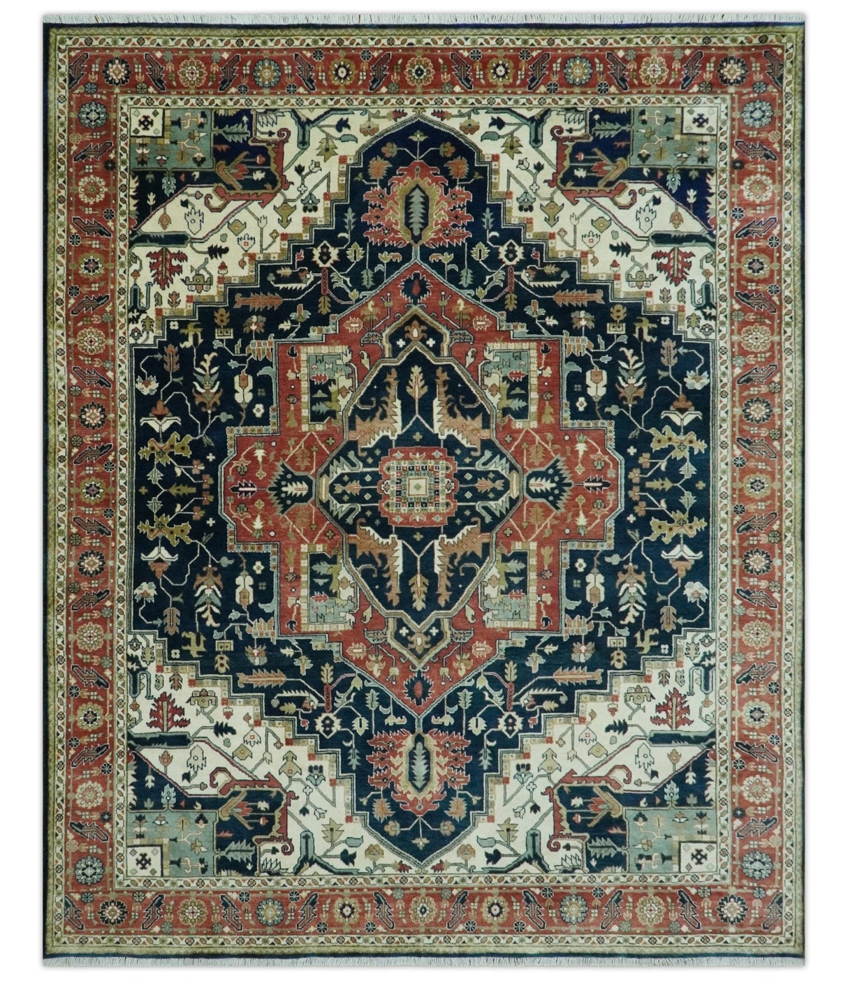 Vintage Style Rust, Blue and Ivory Fine Hand Knotted Traditional Heriz 9x12 wool area rug