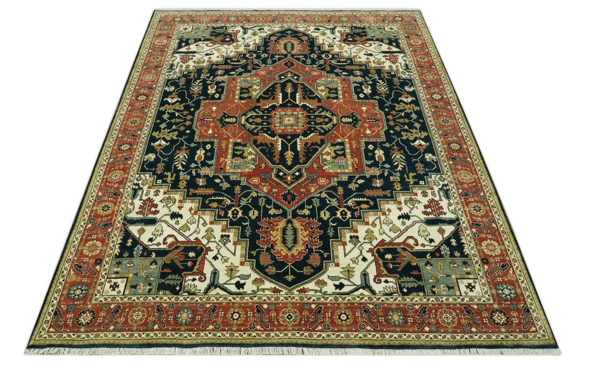 Vintage Style Rust, Blue and Ivory Fine Hand Knotted Traditional Heriz 9x12 wool area rug