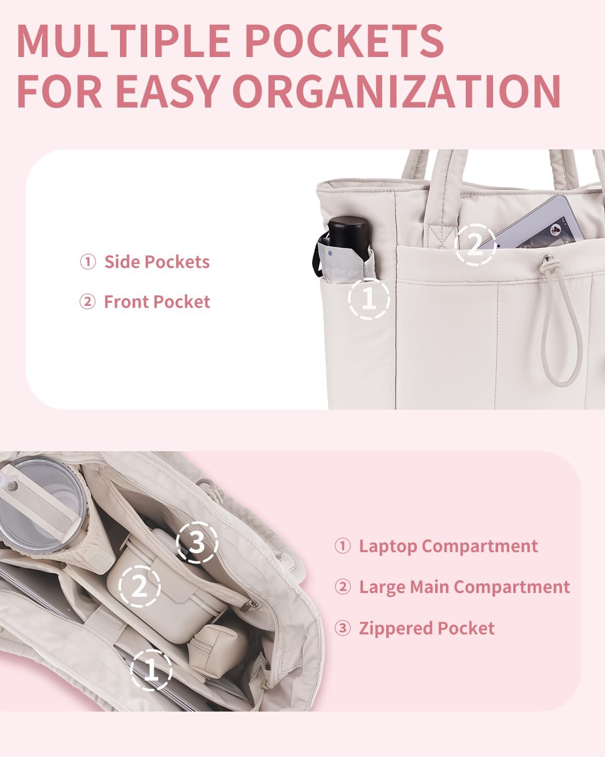 Quilted Puffer Tote Bag with Laptop Sleeve & Cup Holder 20L Travel Work