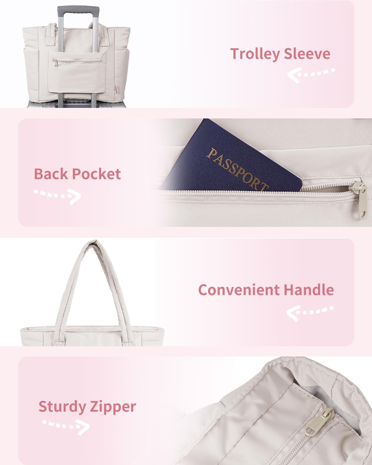 Quilted Puffer Tote Bag with Laptop Sleeve & Cup Holder 20L Travel Work