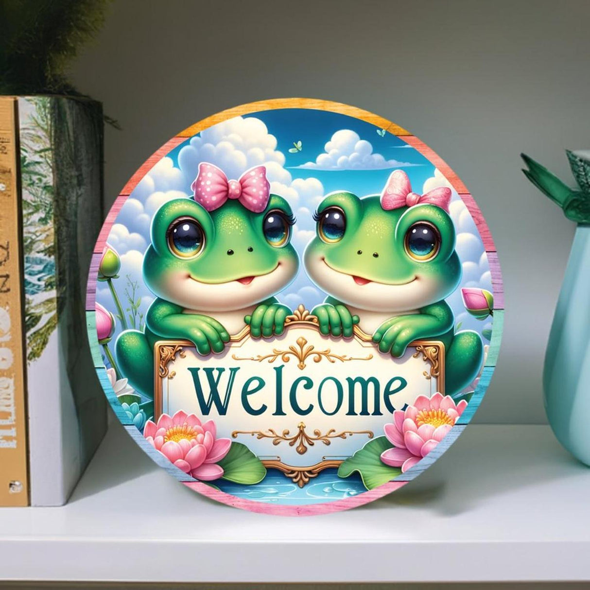 Welcome Double Frog Round Sign