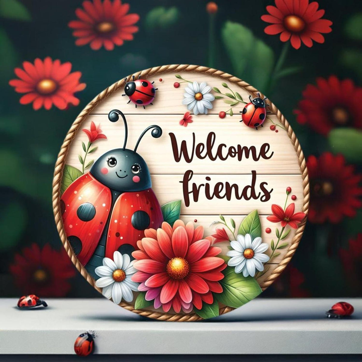 Welcome Friends Ladybug Round Sign