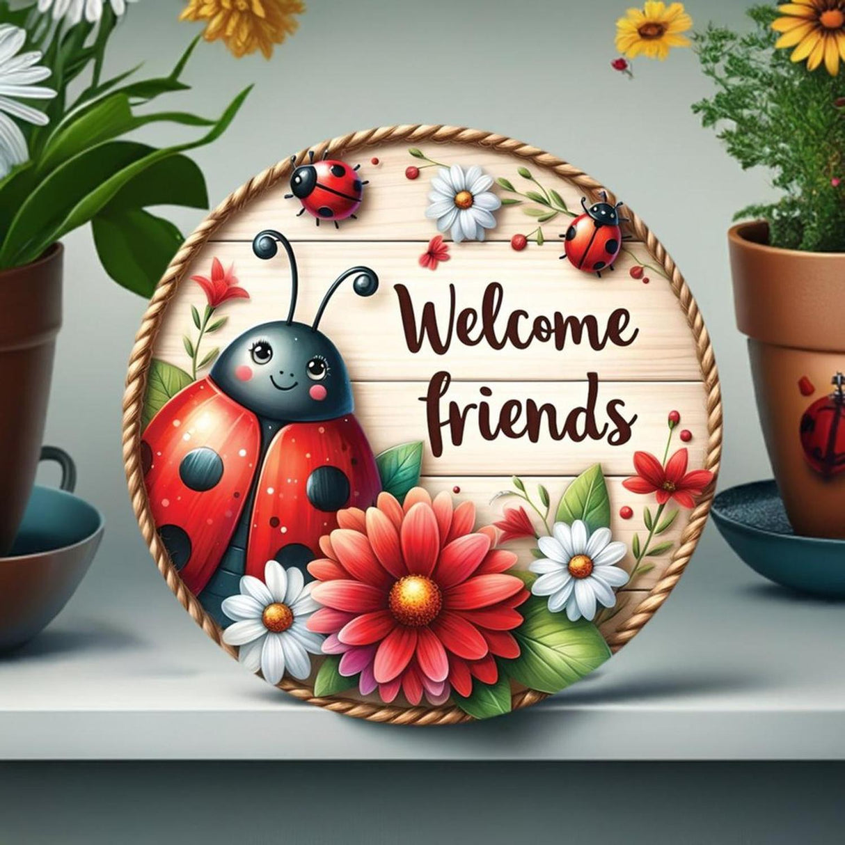 Welcome Friends Ladybug Round Sign