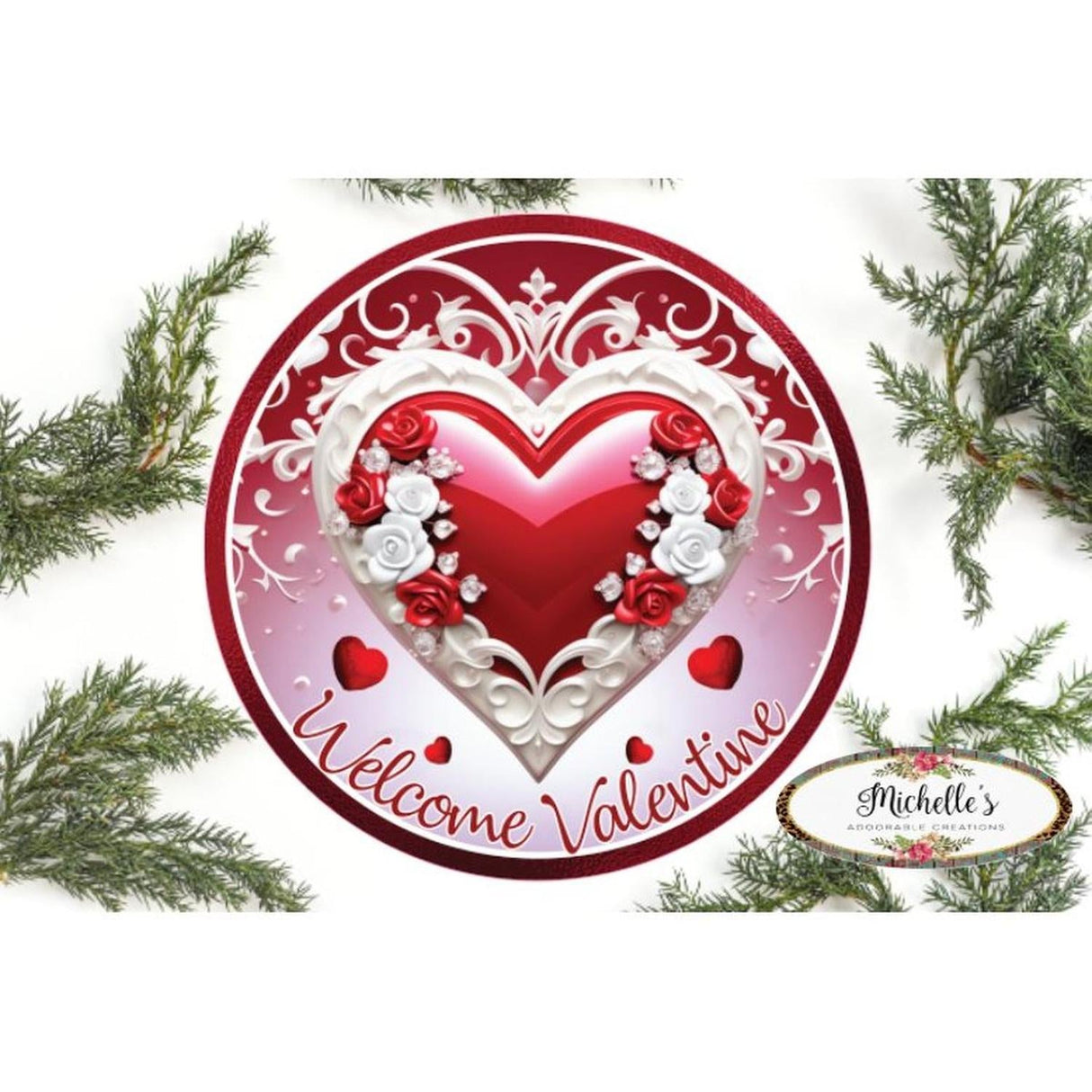 Welcome Valentine White Heart Round Sign - Wreath Enhancement