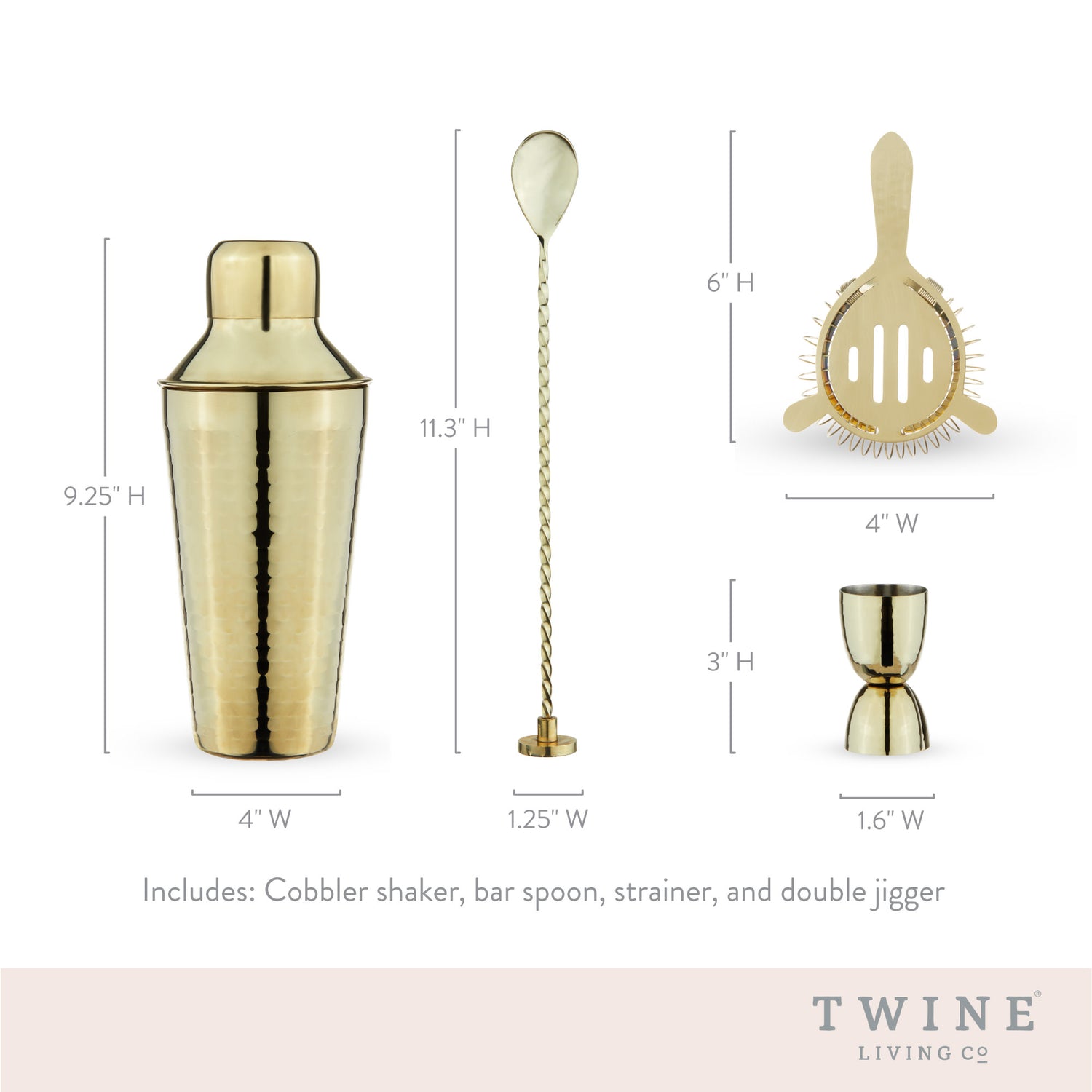 Gold hammered barware set by twine