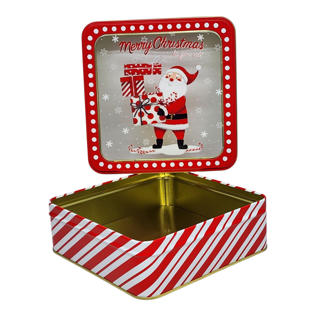 Square Cookie Tin with Window - Merry Christmas Santa with Gifts