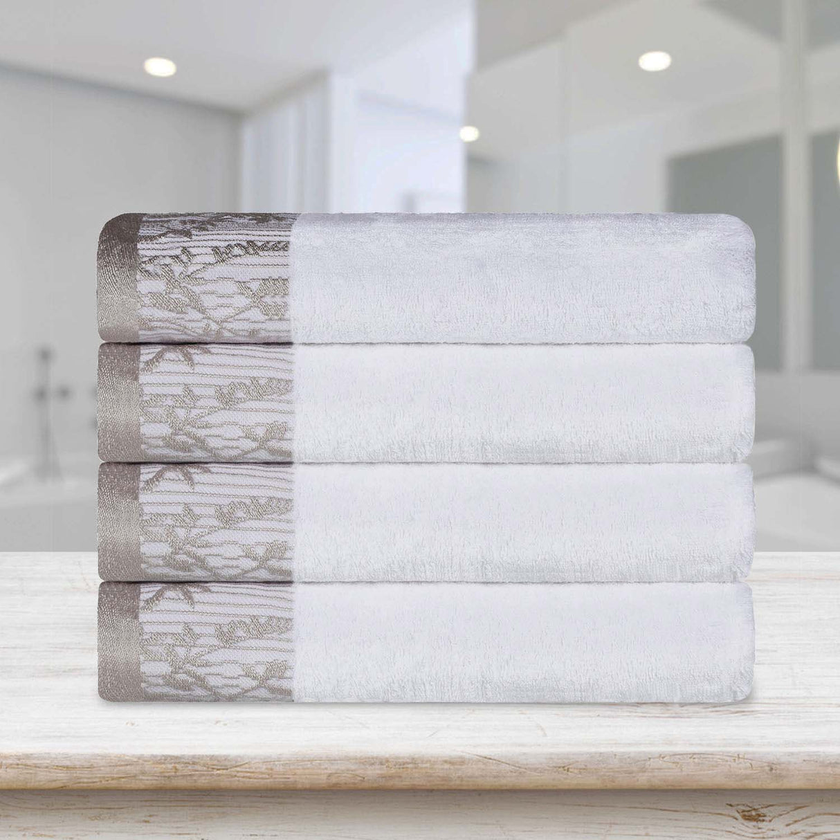 Cotton Floral Jacquard Border Bath Towel Set of 4 - Bath Towel by Superior Brand
