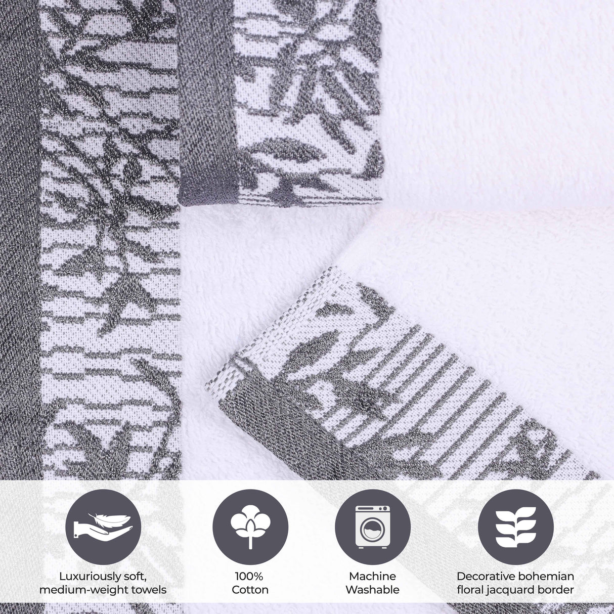 Cotton Floral Jacquard Border Bath Towel Set of 4 - Bath Towel by Superior Brand