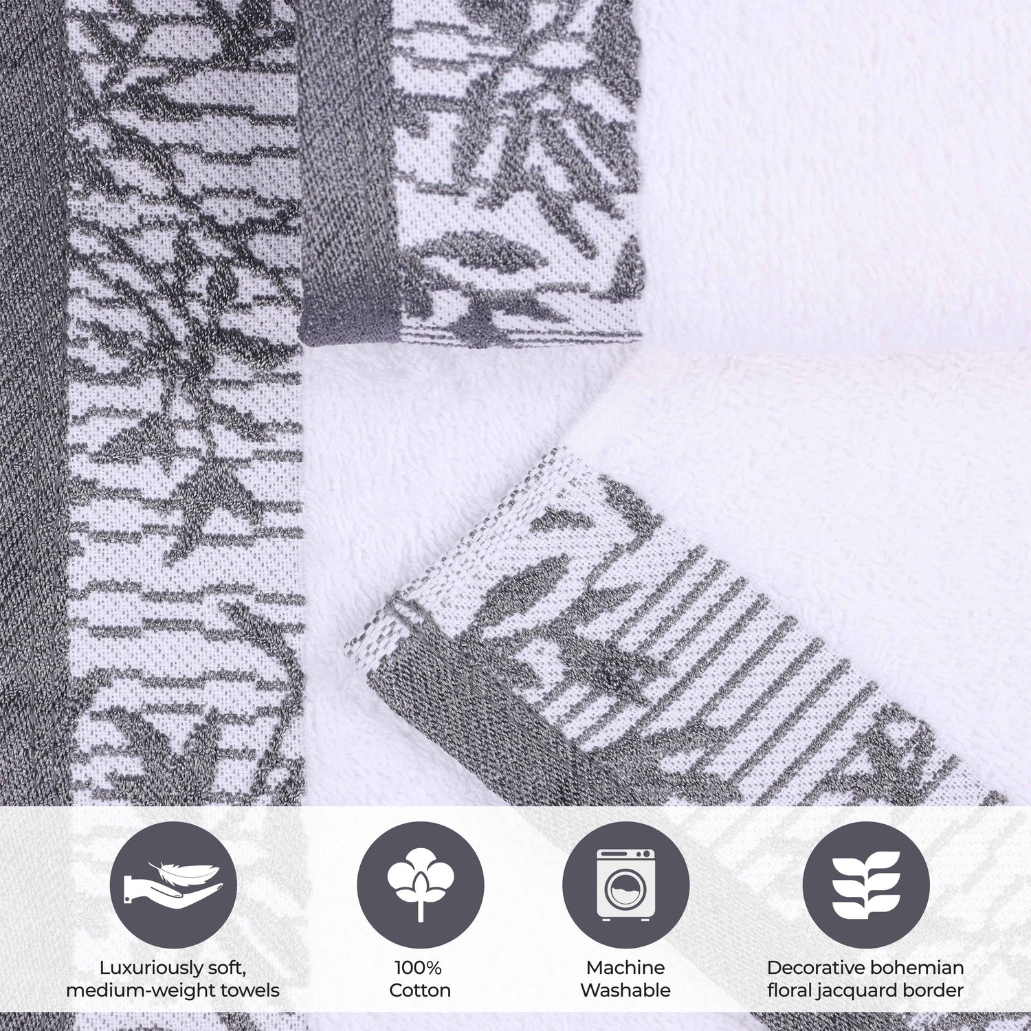 Cotton Floral Jacquard Border Bath Towel Set of 4 - Bath Towel by Superior Brand