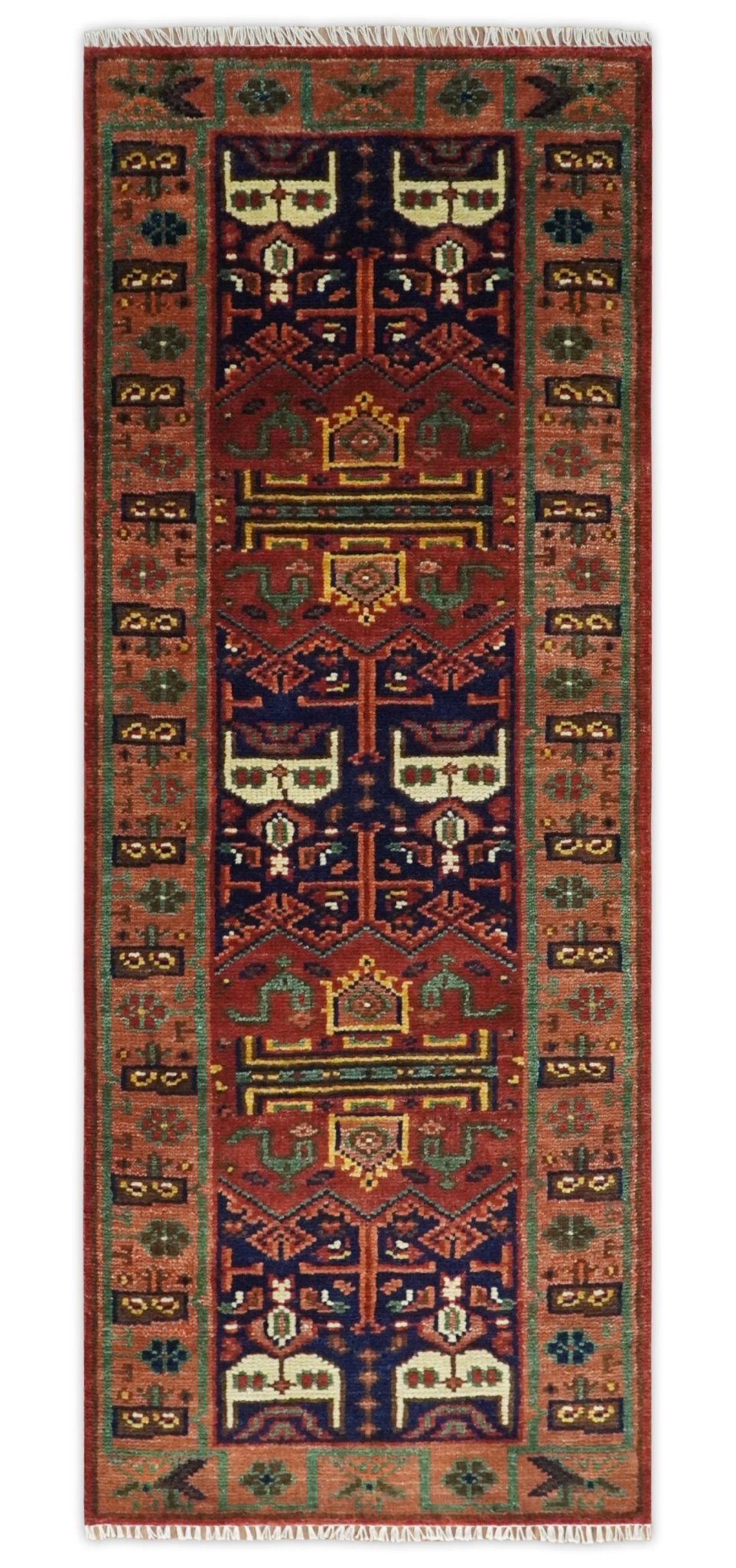 Custom Made Hand Knotted Traditional Rust And Blue Runner Wool Rug