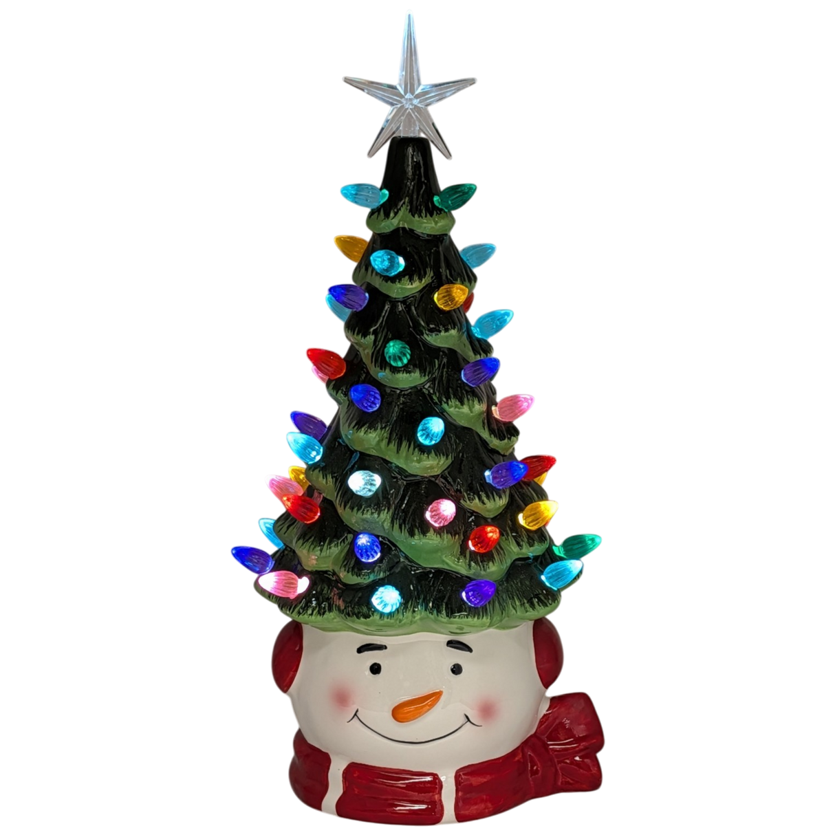 Snowman Ceramic Christmas Tree Lighted With Timer
