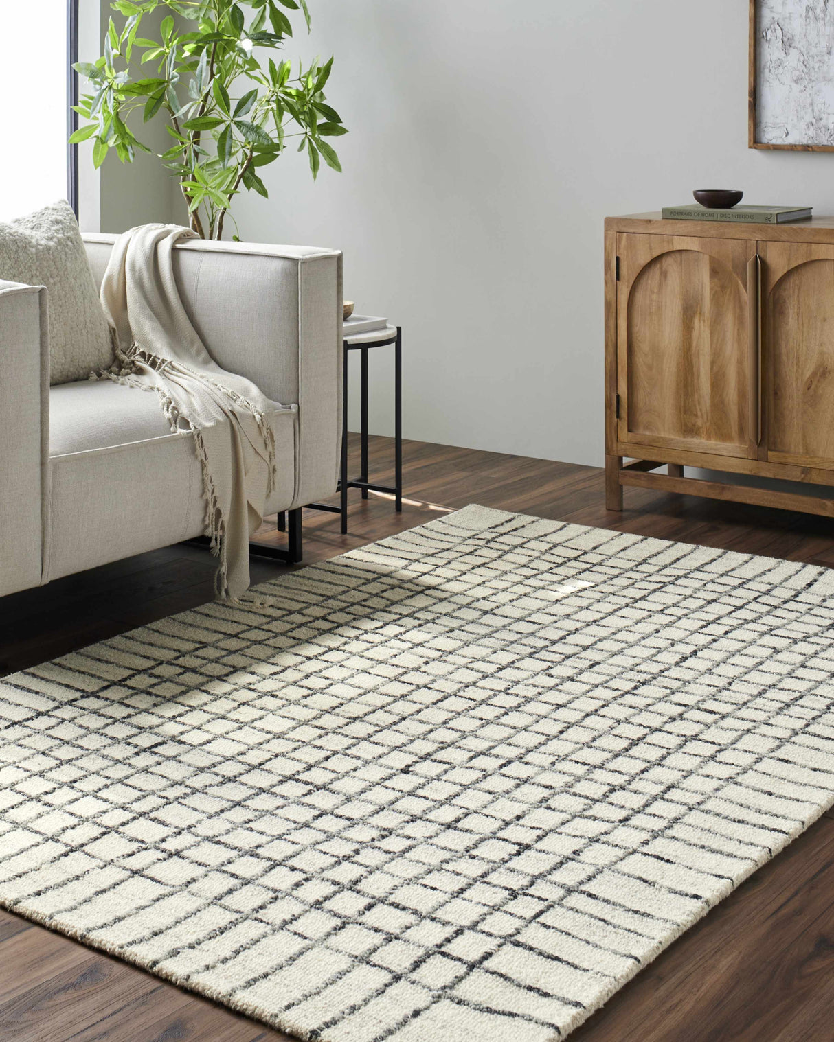 Yates White Grid Wool Area Rug